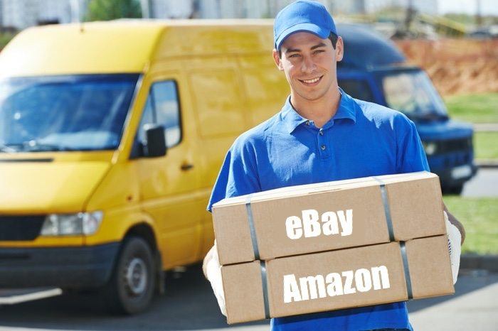 delivery driver with a box that says ebay and amazon