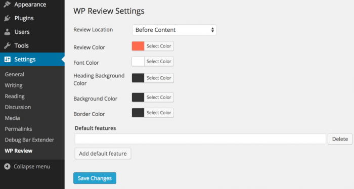 The WP Review settings tab showing the color options, structure, and features that the plugin provides.