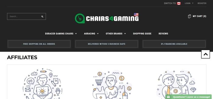 screenshot of the affiliate sign up page for Chairs4Gaming