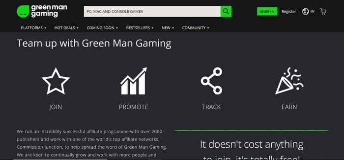 screenshot of the affiliate sign up page for Green Man Gaming