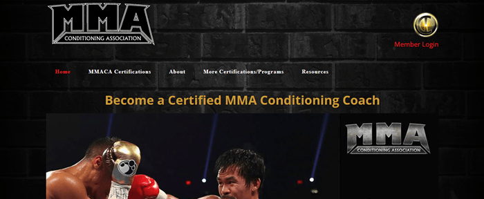 MMA调理协会网站截图，显示了拳击比赛的部分图像，以及各种菜单链接和两次MMA标志。