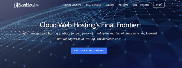 玫瑰托管网站截图显示一个蓝色的技术类背景与白色文字关于云Web托管。