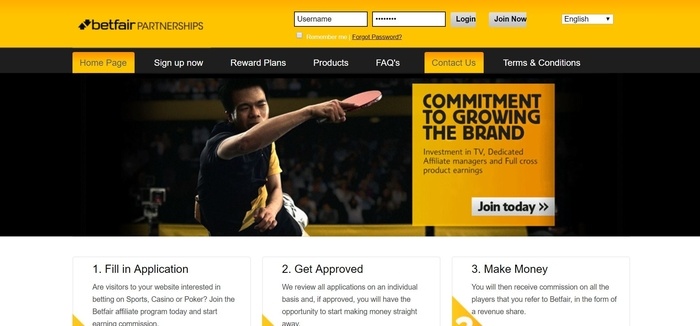 screenshot of the affiliate sign up page for Betfair