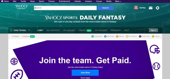 screenshot of the affiliate sign up page for Yahoo Sports Daily Fantasy