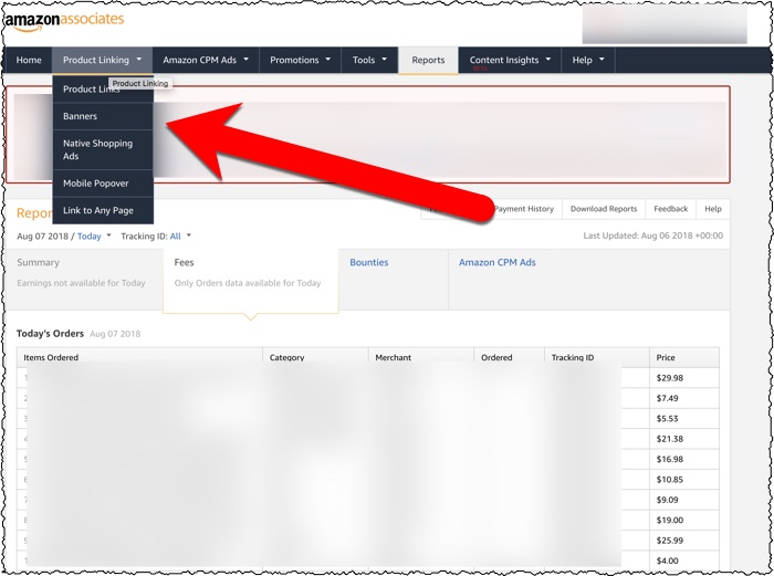 detailed image of amazon associates back end including earnings and creatives examples