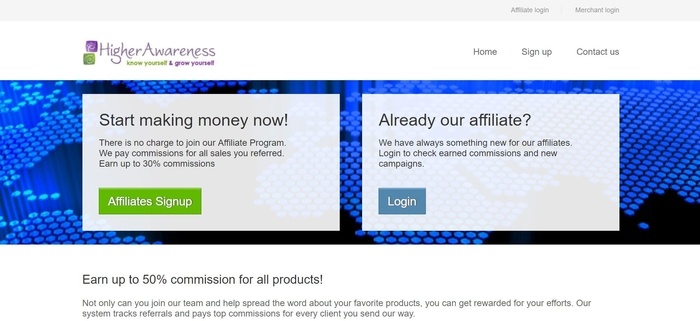 screenshot of the affiliate sign up page for Higher Awareness