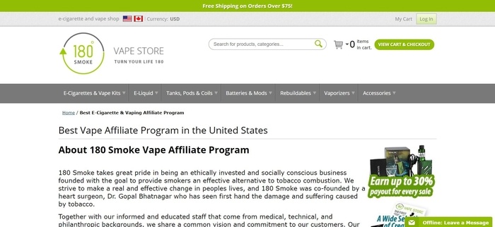 screenshot of the affiliate sign up page for 180 Smoke Vape Store