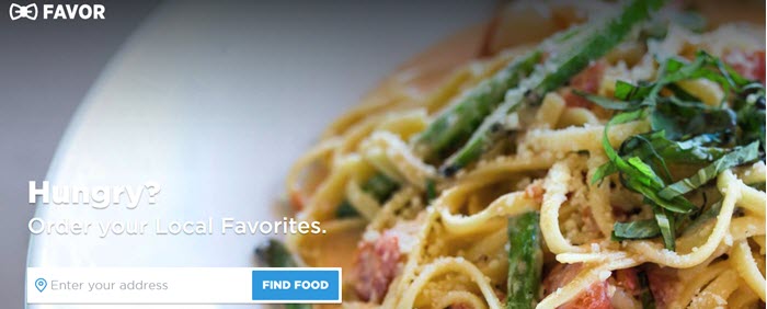 Favor website screenshot showing a bowl of fresh pasta with greens and tomatoes.