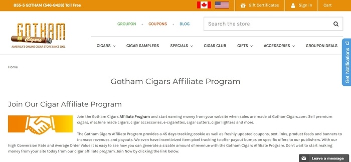 screenshot of the affiliate sign up page for Gotham Cigars