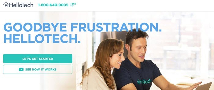 HelloTech website screenshot showing a woman and a young man in a HelloTech shirt looking at a tablet.