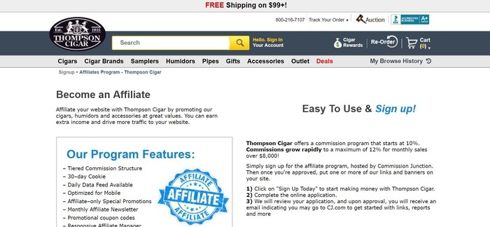 screenshot of the affiliate sign up page for Thompson Cigar