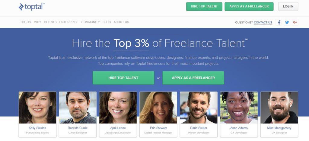 Toptal website screenshot showing various freelancers with an image, name and skill for each.