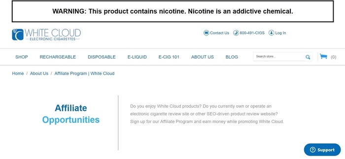 screenshot of the affiliate sign up page for White Cloud Electronic Cigarettes