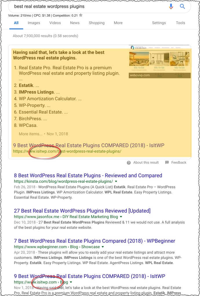 谷歌截图显示一个网站排在一个项目列表的页面顶部，但实际的网站在搜索引擎中是第3位