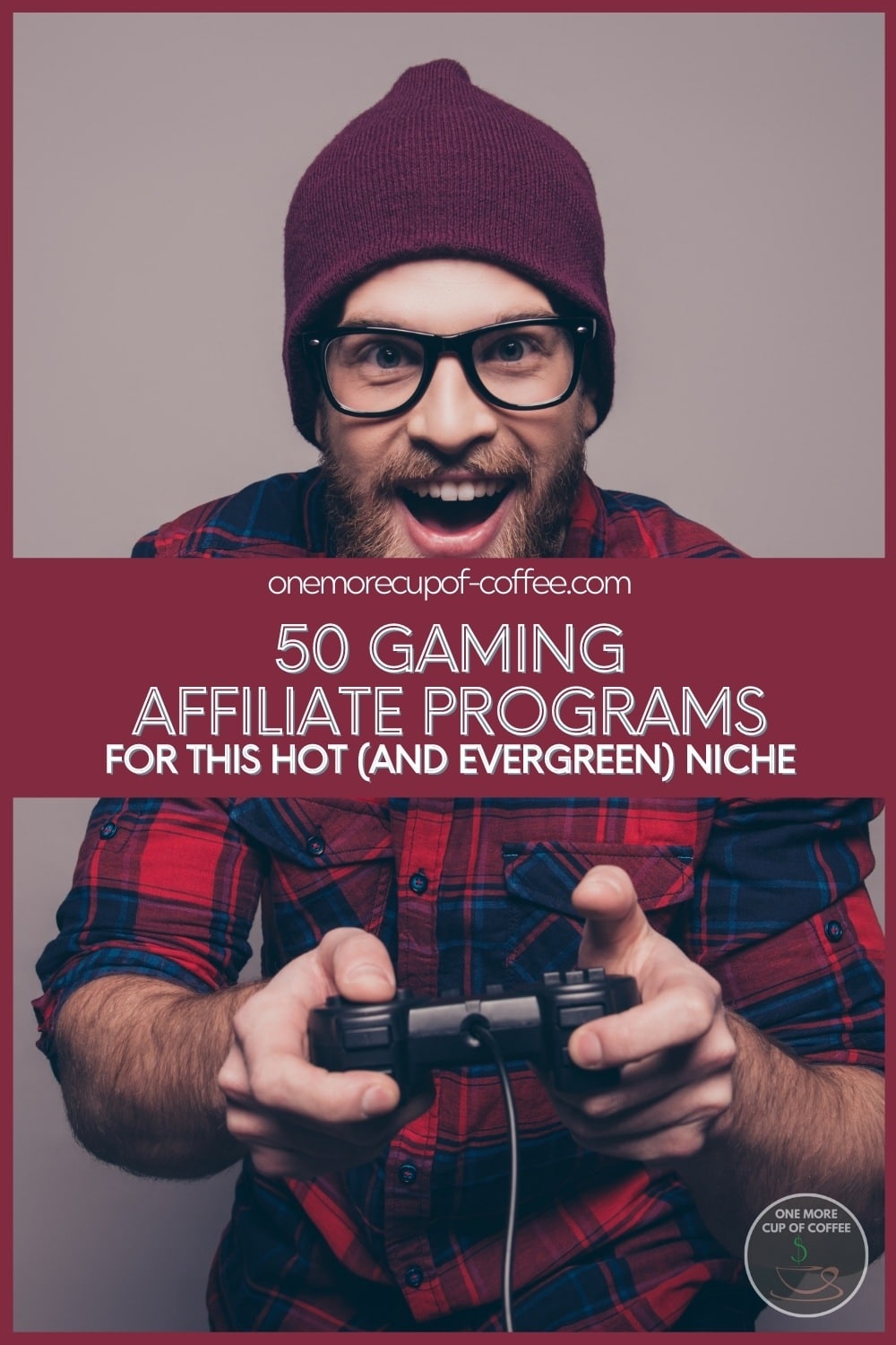 Male gamer in red plaid shirt wearing beanie, holding a gaming controller, with text overlay 
