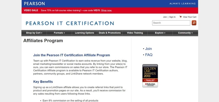 screenshot of the affiliate sign up page for Pearson IT Certification