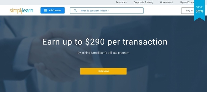 screenshot of the affiliate sign up page for Simplilearn