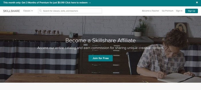 screenshot of the affiliate sign up page for Skillshare