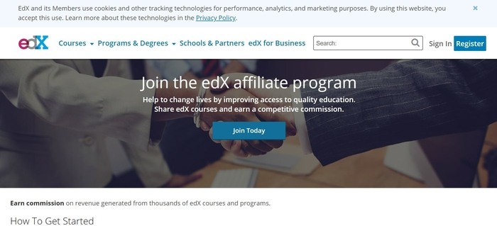 screenshot of the affiliate sign up page for edX