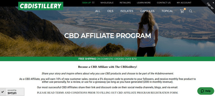 screenshot of the affiliate sign up page for The CBDistillery