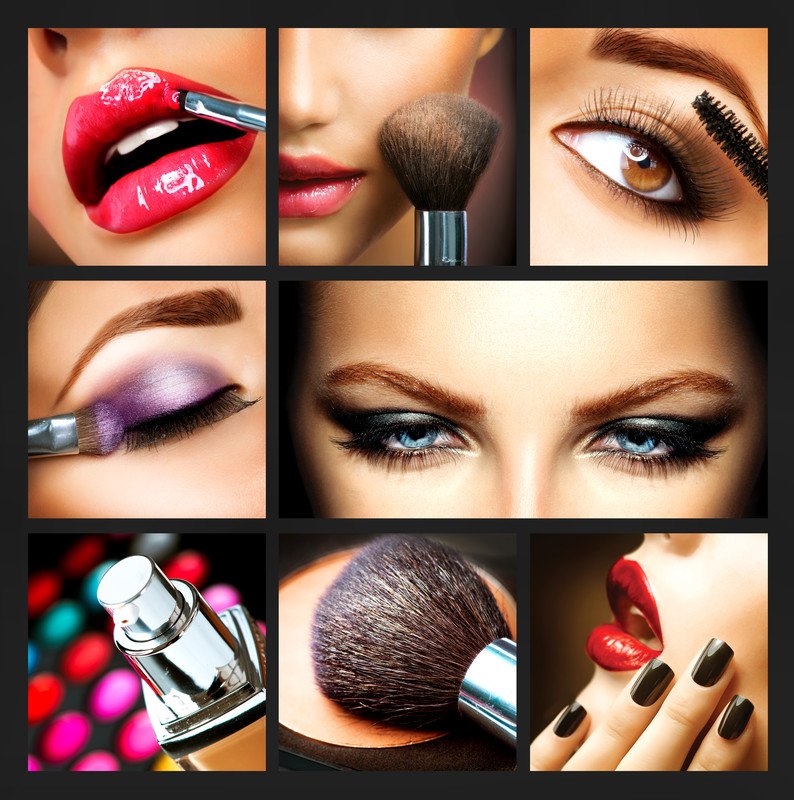 这张图片是由几张女性涂口红、眼影和其他化妆品的照片组合而成的，代表了最好的化妆品联盟计划。