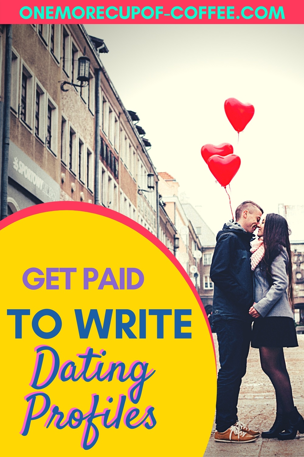 Man and woman kissing in the street to represent getting paid to write dating profiles.