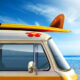 Image of a campervan with a surfboard on the roof