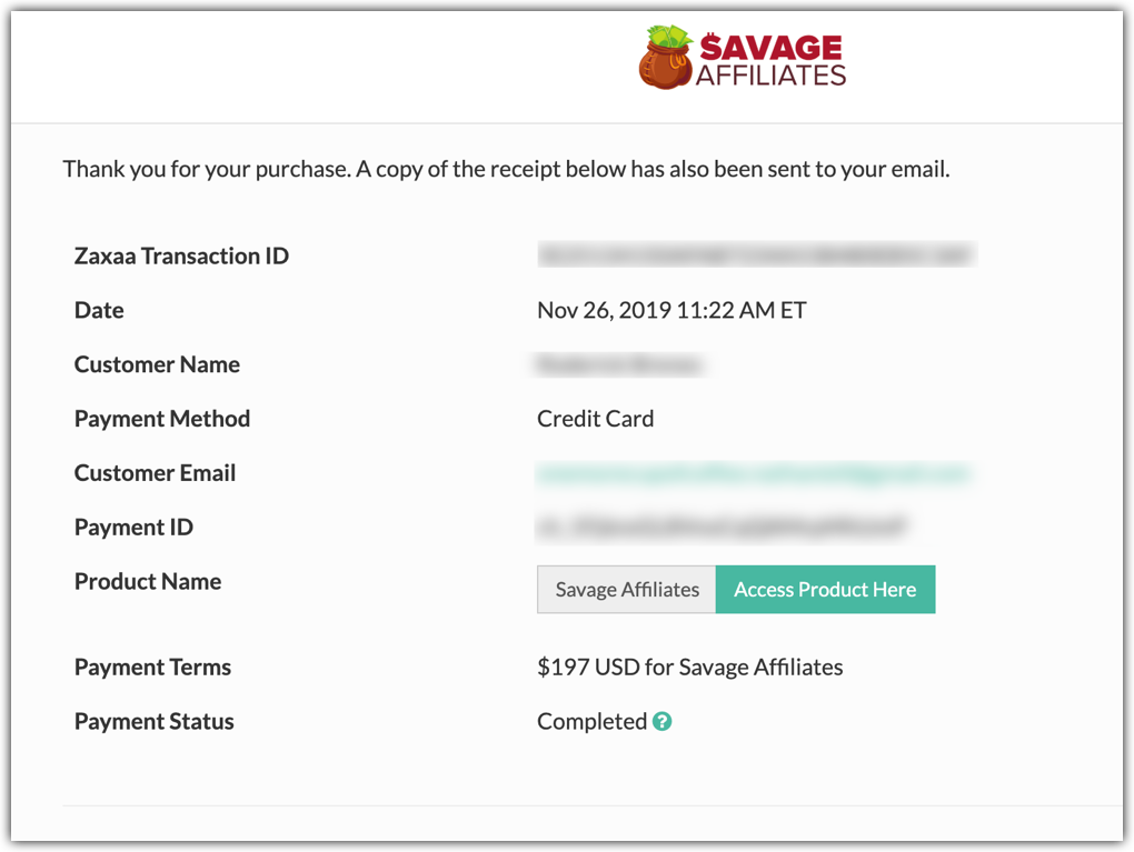 savage affiliates receipt
