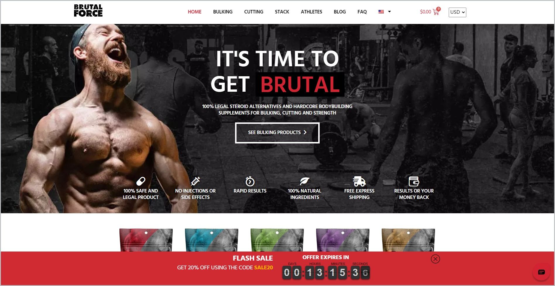 screenshot of Brutal Force homepage, with white header bearing the website's name and main navigation menu, it also showcases an image of a laughing man flexing his muscles