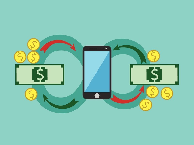 智能手机的矢量图形与美元和硬币，代表个人理财博客挣钱
