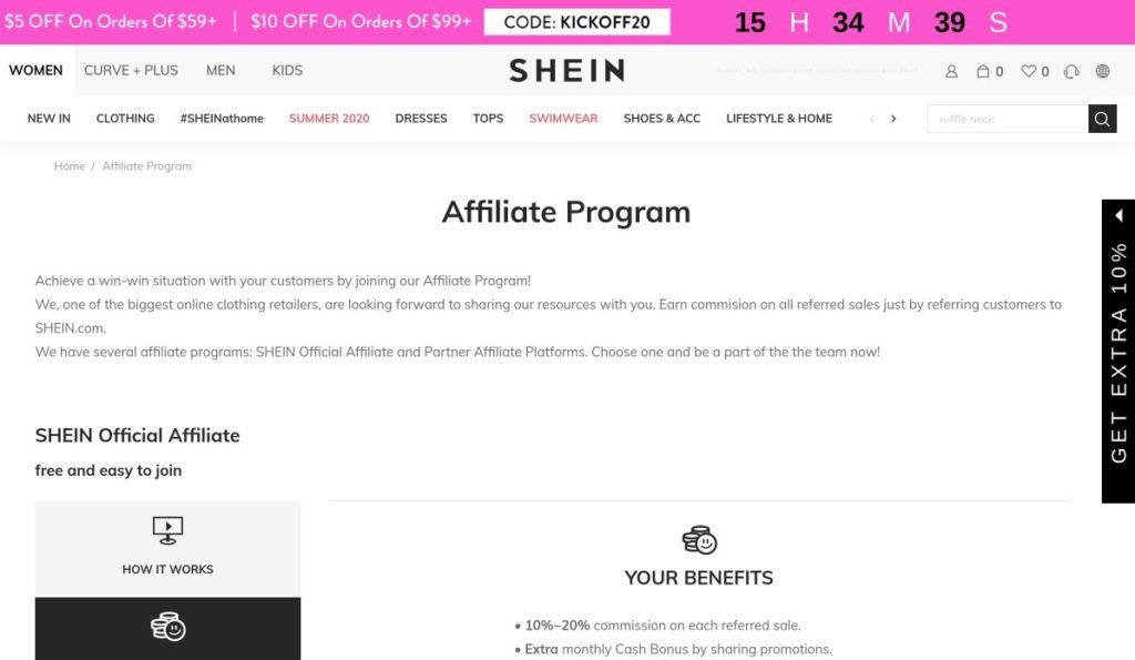 shein affiliate program screenshot signup
