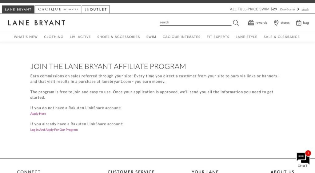 lane bryant affiliate program signup screenshot