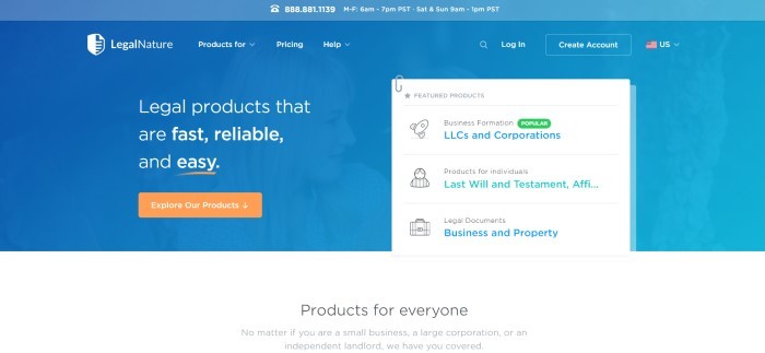 This screenshot of the home page for Legal Nature has a blue header and background with white text and an orange call to action button on the left side of the pate and a white product list on the right side of the page with text in black, blue, and green.