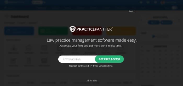 This screenshot of the home page for Practice panther has a dark filter with white text and a white and green search bar overlaying a blurry website.