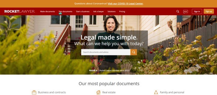 This screenshot of the home page for Rocket Lawyer has an orange announcement bar, a red navigation bar, a photo of a smiling dark-haired woman standing in a beautiful flower garden in front of a white house, and a dark filtered section in the center with white text and an orange and white search bar.