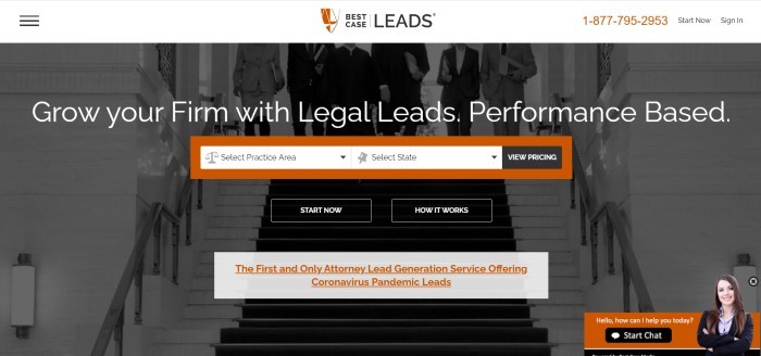 This screenshot of the home page for Best Case Leads has a white header above a dark filtered photo of several people in business clothing and judge robes coming down the stairs in what appears to be a courthouse, behind white text, an orange search section, two black and white call to action buttons, and a gray information section with orange text.