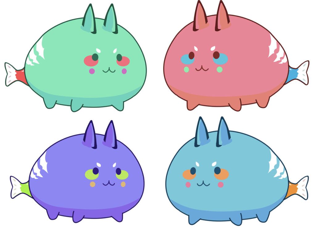 four axies from the game axie infinity with different colors