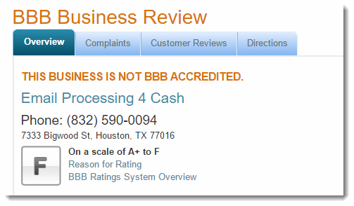 Better Business Bureau for email processing for cash