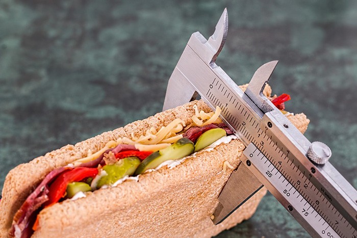 A body fat caliper taking measurements on a healthy looking sandwich as an example of jobs for nutritionists.