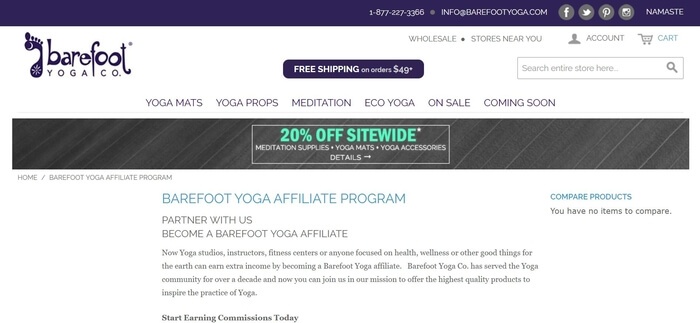 screenshot of the affiliate sign up page for Barefoot Yoga