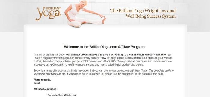screenshot of the affiliate sign up page for Brilliant Yoga