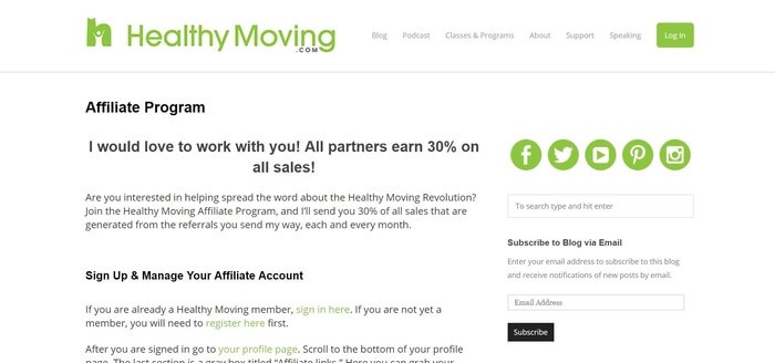 screenshot of the affiliate sign up page for Healthy Moving