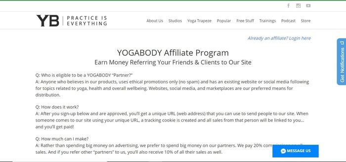 screenshot of the affiliate sign up page for YOGABODY