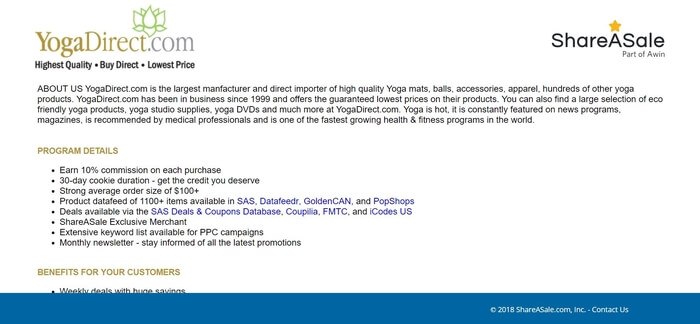 screenshot of the affiliate sign up page for Yoga Direct