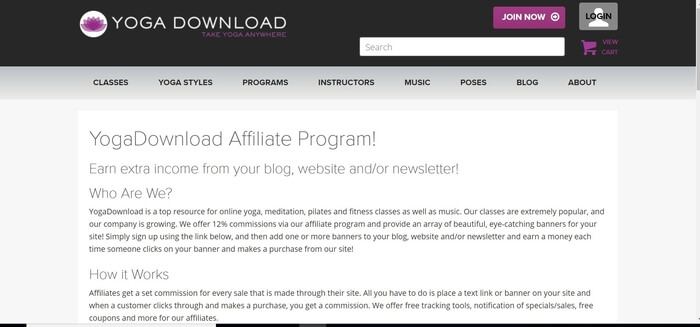screenshot of the affiliate sign up page for Yoga Download