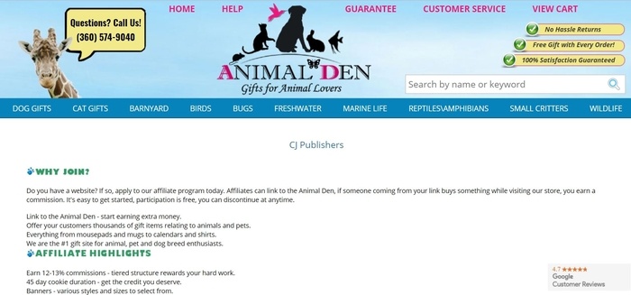 screenshot of the affiliate sign up page for Animal Den