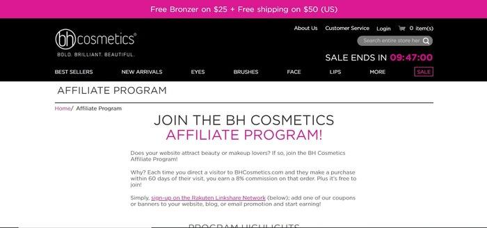 screenshot of the affiliate sign up page for BH Cosmetics