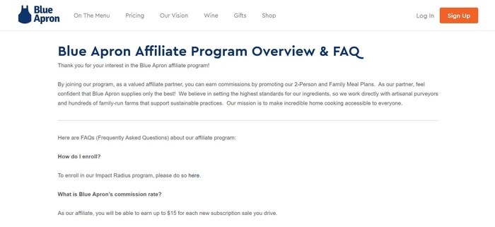 screenshot of the affiliate sign up page for Blue Apron