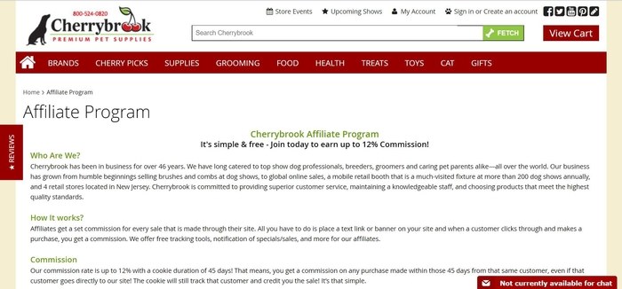 screenshot of the affiliate sign up page for Cherrybrook