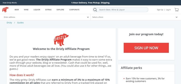 screenshot of the affiliate sign up page for Drizly